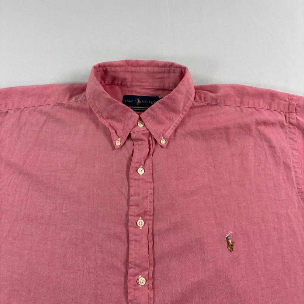 Polo Ralph Lauren Shirt Mens XLT Tall Pink Chambray Oxford Flesh Pony Button Up